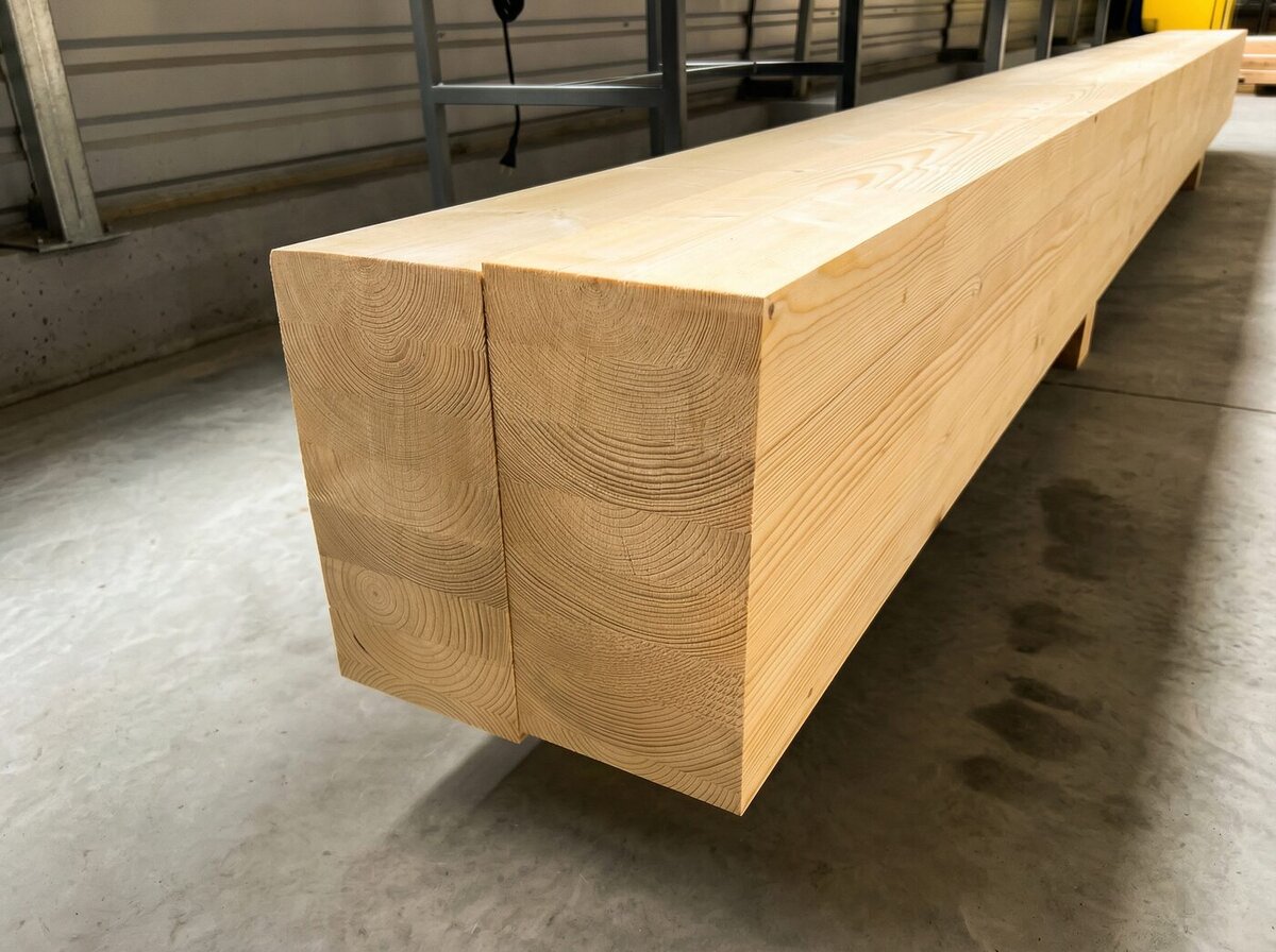 Glulam beam close-up showing engineered timber grain